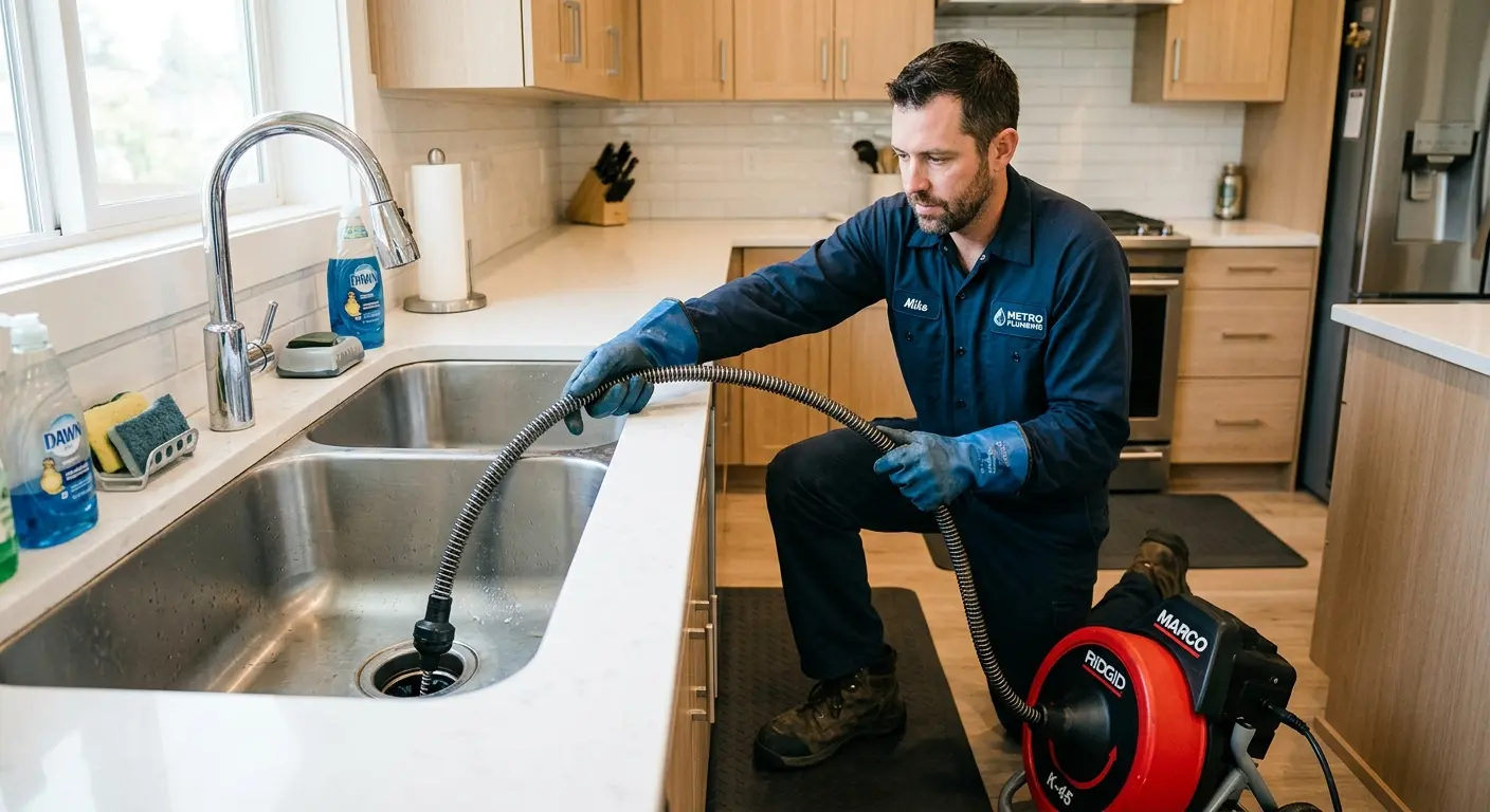 Drain cleaning technician using a motorized snake on a kitchen sink in University of California-Santa Barbara
