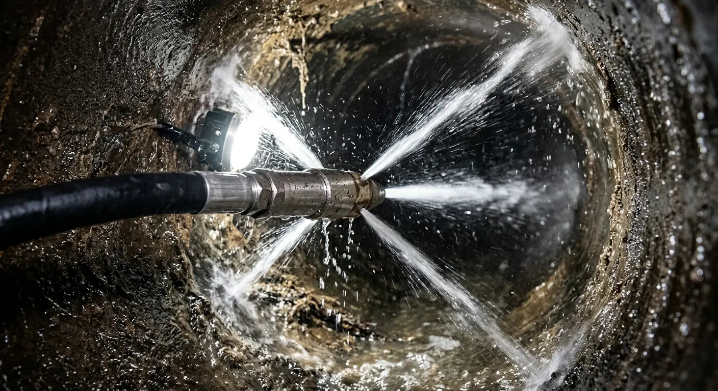 High-pressure hydro jetting nozzle cleaning sewer pipe for Trenchless Sewer Repair in University of California-Santa Barbara