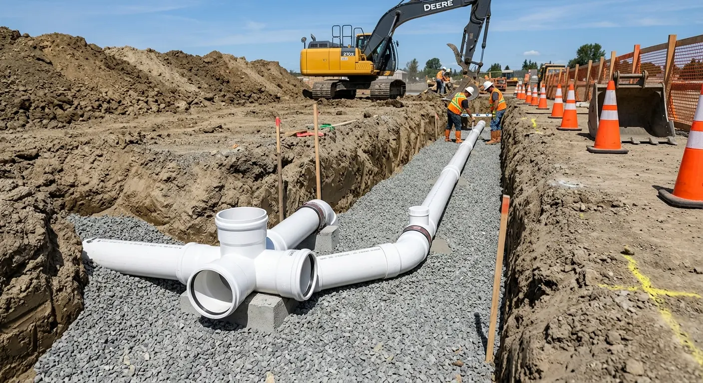 New PVC sewer pipe installation in open trench for Commercial Drain Cleaning in University of California-Santa Barbara