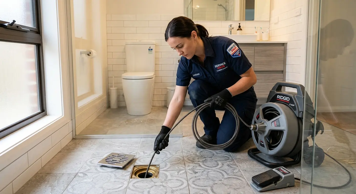 Technician clearing a bathroom floor drain for Drain Repair in University of California-Santa Barbara